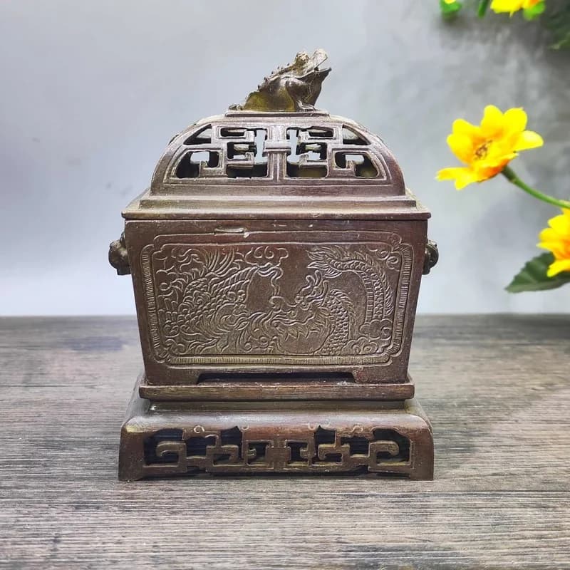 Brass , Chinese Style Home Office Incense , Vintage Distressed Dragon and Phoenix Pattern, Square Burner wit