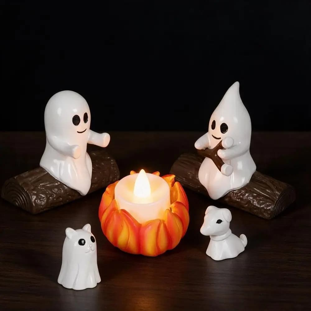 5PCS Resin Halloween Ghost Campfire Dog Cat Statue Cartoon 3D Ghost Bonfire Ornament Set Mini LED Candle