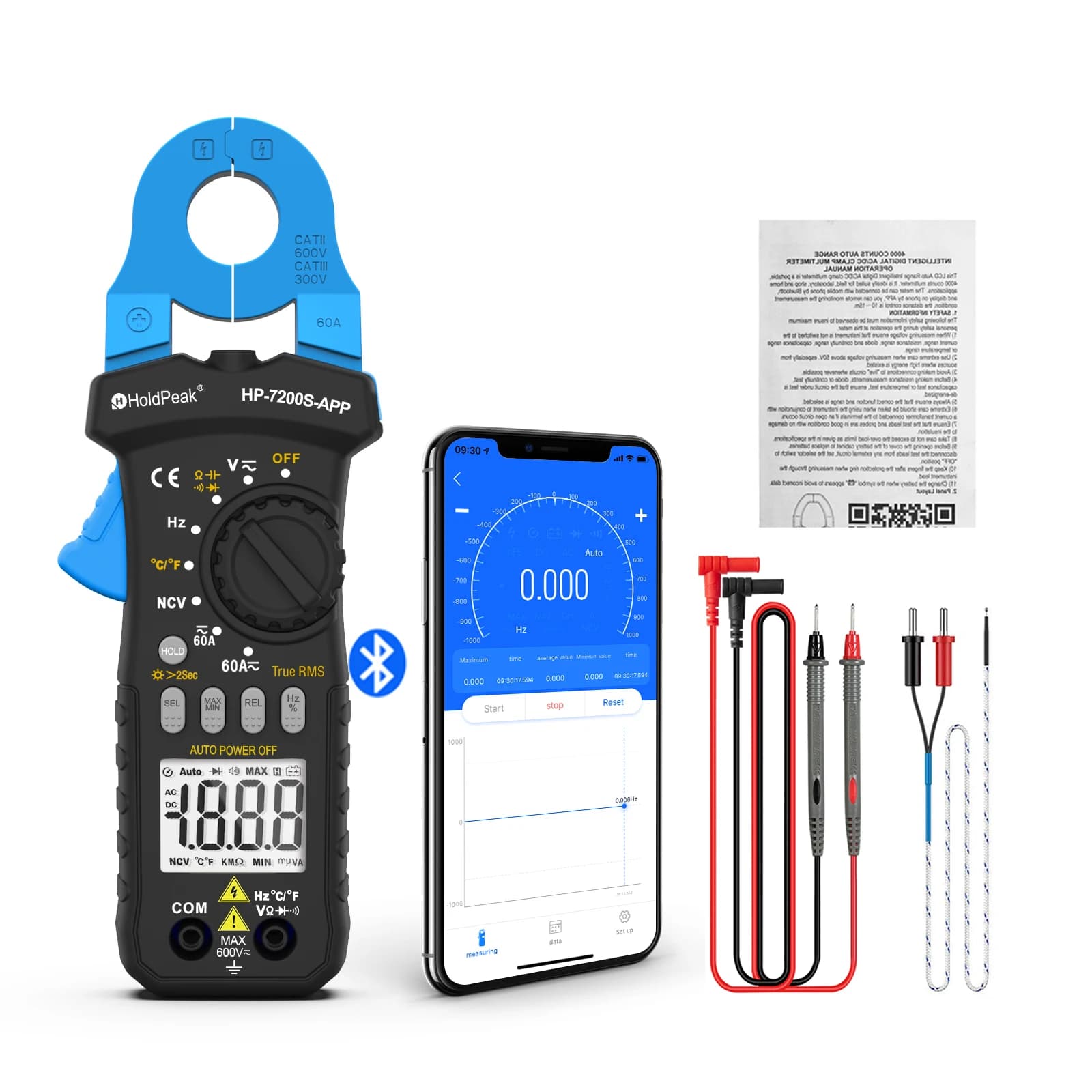 Multimeter HP-7200S-APP With APP Function, True RMS AC/DC Small Current Automatic Range Digital Clamp Multimeter HOLDPEAK