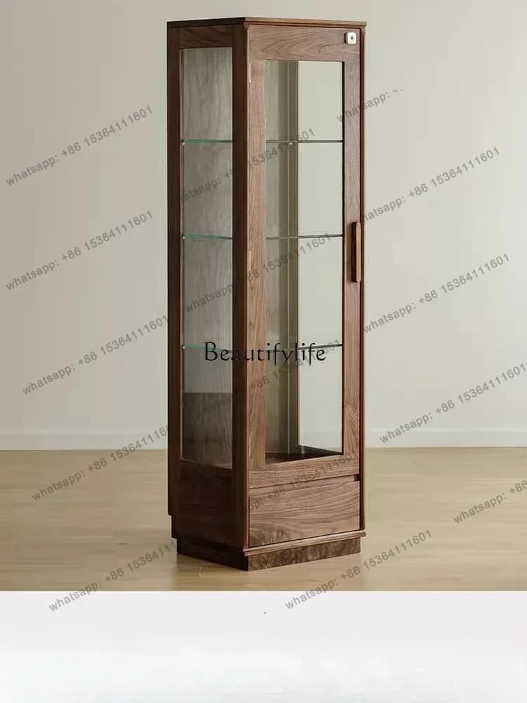 Customizable Black Walnut Glass Display Cabinet, Smart Fingerprint Lock, Solid Wood Living Room, TV Side Cabinet Floor