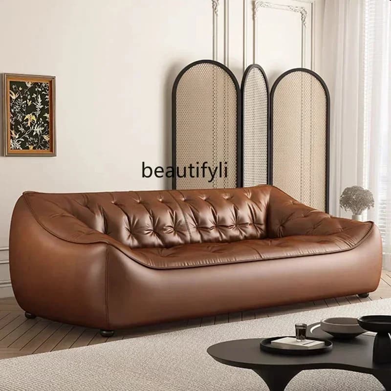 X A Tofu block leather sofa modern retro living room oil wax leather art soft bag straight row sofa