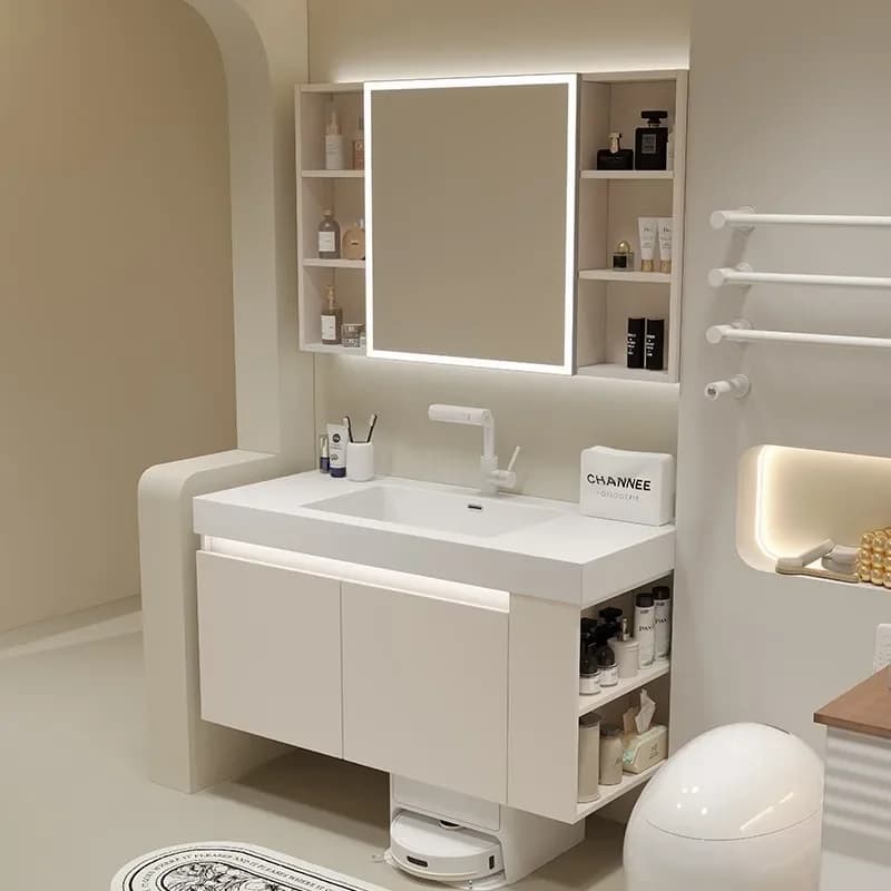 Modern Smart Bathroom Cabinets with Side Storage Cabinet Rock Slab Integrated Washbasin Bathroom Vanity Bathroom Furniture