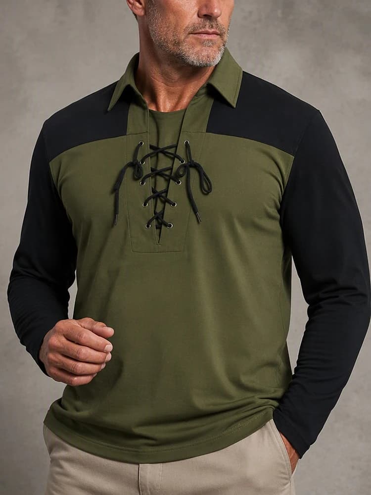 Men's Color Block Lace-Up Henley Shirt Contrast Patchwork Collar Long Sleeve Casual Pullover Top for Daily Streetwear Wear