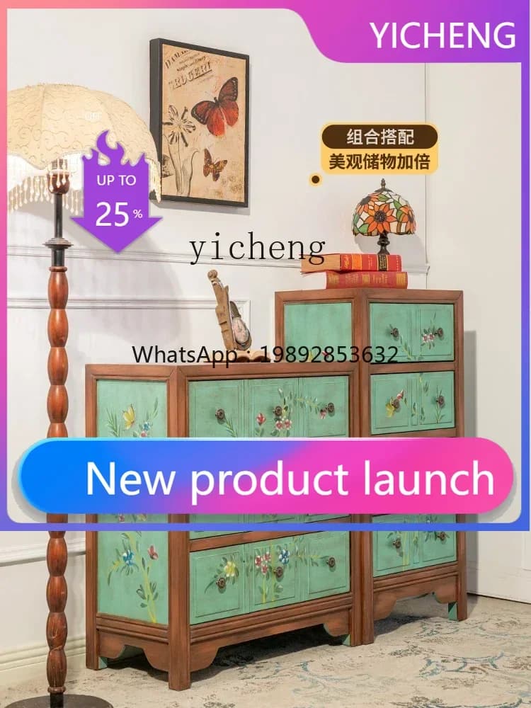LYY  living room painted three-bucket side cabinet made old green drawer bedside table bedroom locker