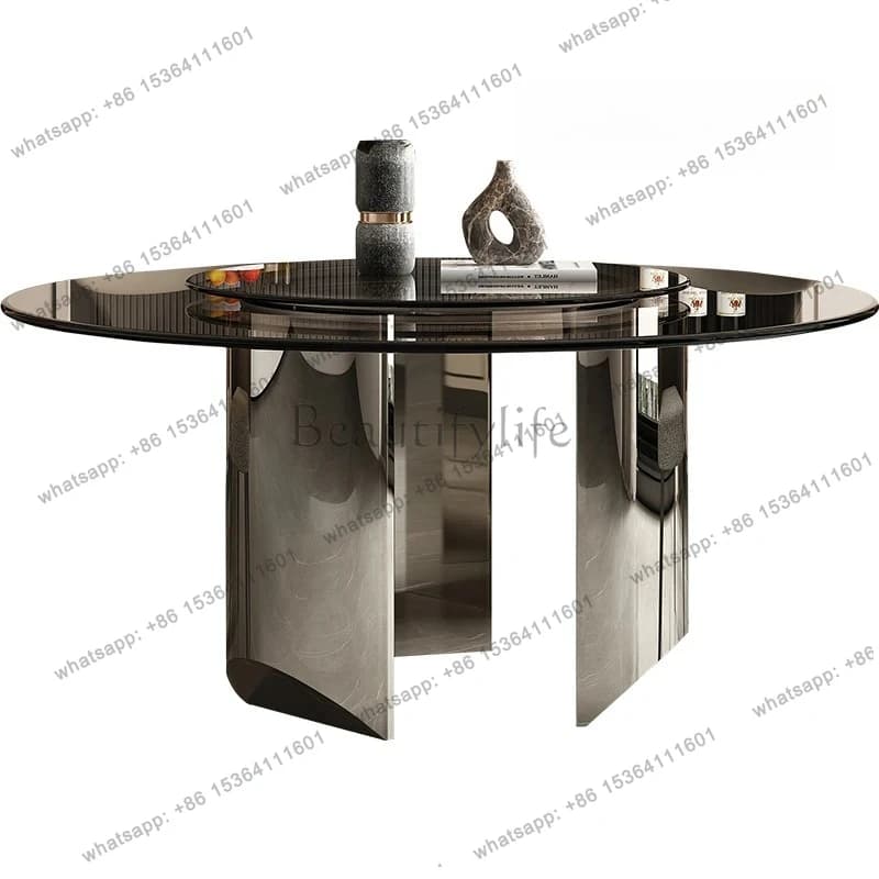 Tempered glass dining table  household small apartment dining table round stainless steel dining table and chair combination