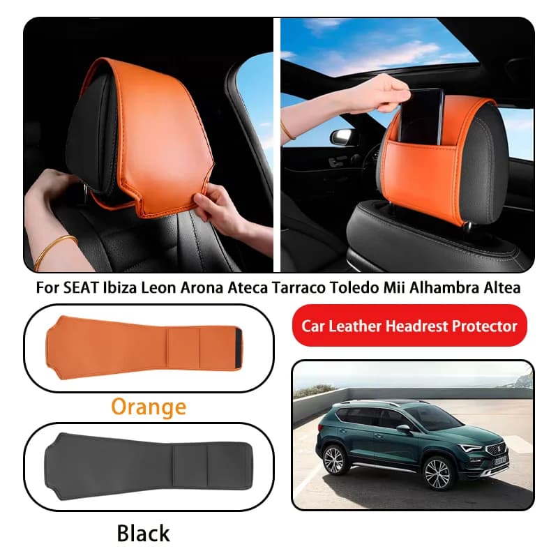Leather Car Headrest Cover Anti-dirty and Wear-resistant For SEAT Ibiza Leon Arona Ateca Tarraco Toledo Mii Alhambra Altea