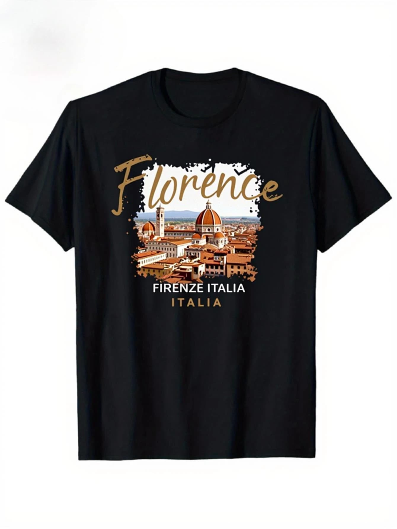 Florence Italy Vintage Cityscape-with Florence Cathedral (Duomo) Landmarks design-100% cotton round neck printed men's T-shirt.
