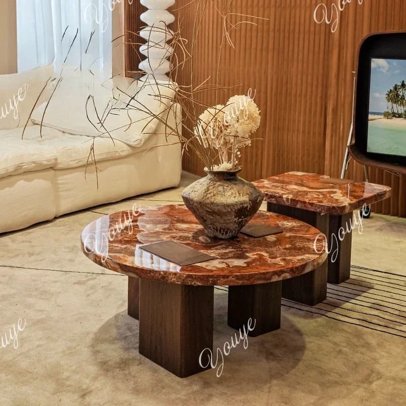 BX Italian Light Luxury Red Dragon Jade Marble Coffee Table Combination Living Room Household Round Coffee Table