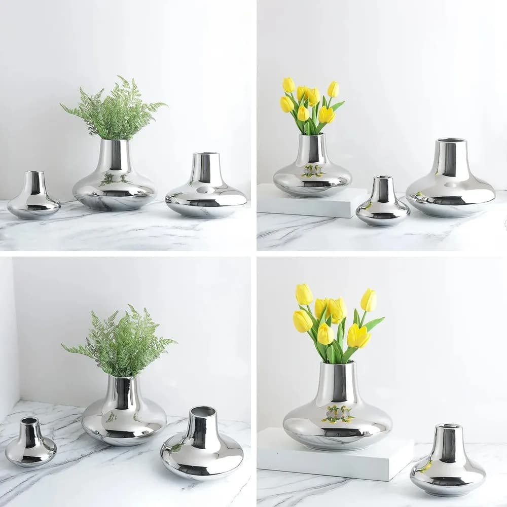 Silver Cone Ceramic Vase for Flowers, Modern Home Table Decor, Minimalist French Luxury Style
