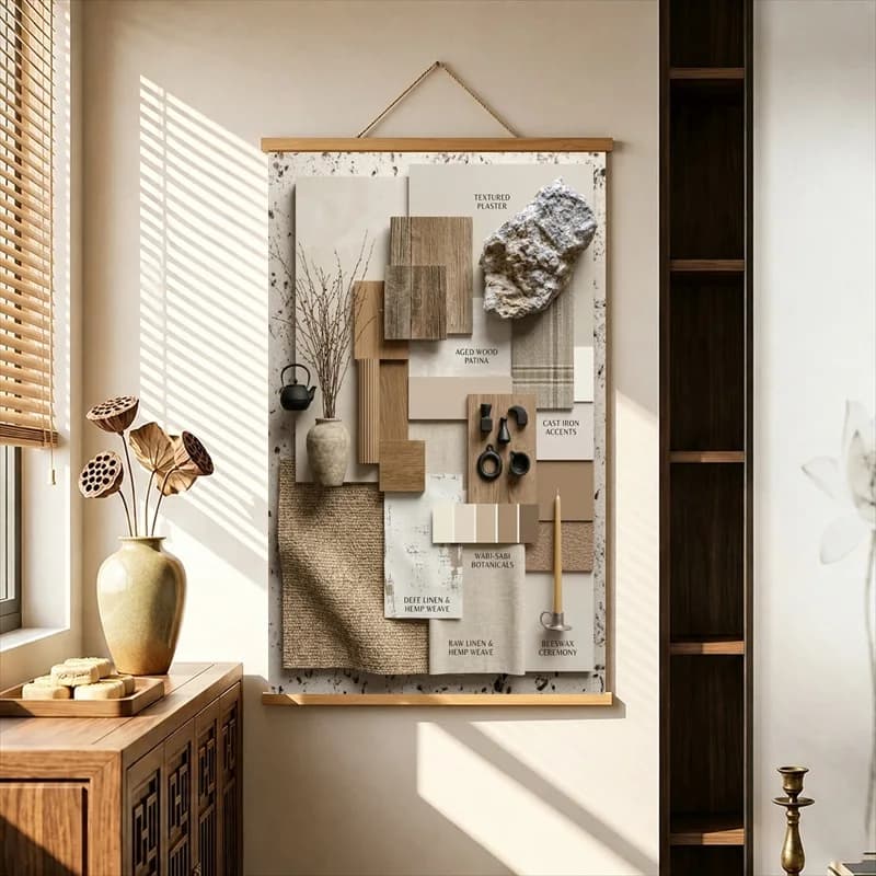 Room Decor Aesthetic Modern Interior Mood Boards with Natural Objects, Pearlescent Canvas Hanging Scroll for Furniture Showroom