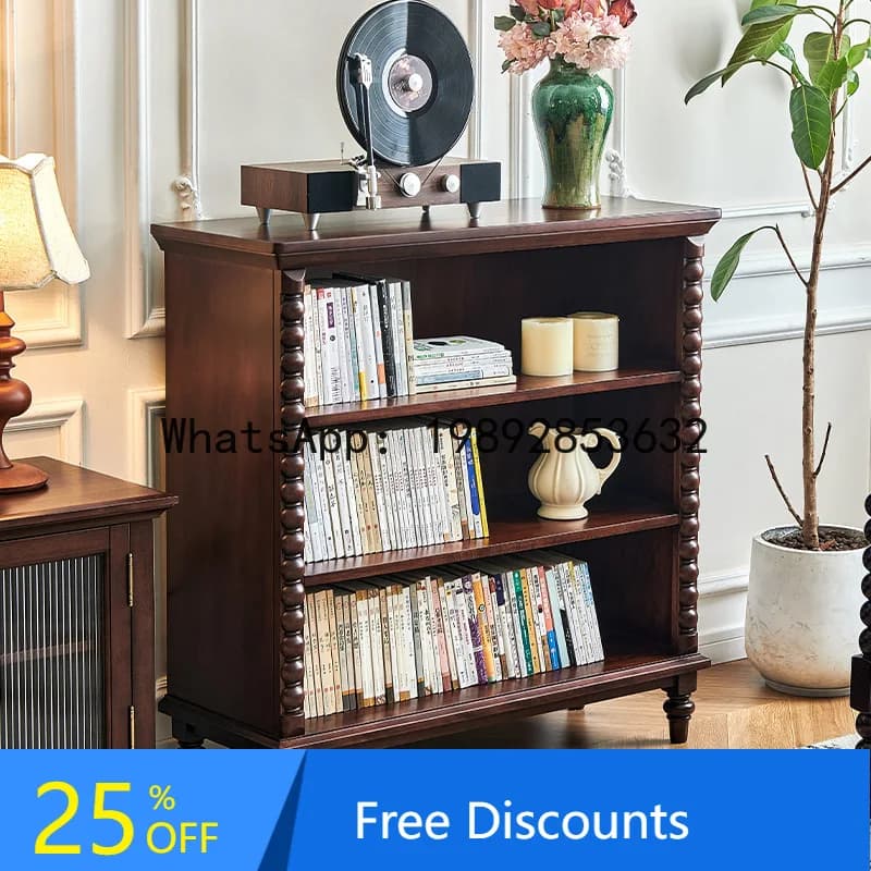 LYY American Style Solid Wood Bookshelf Floor Storage Rack Full Walnut Wood French  Living Room Open Wall-Mounted Combination