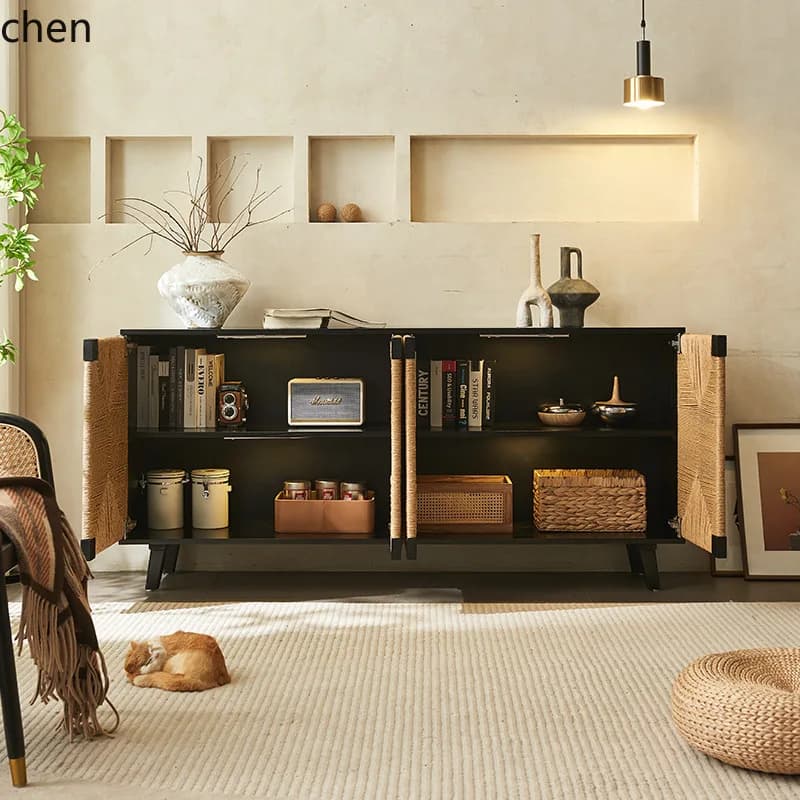 YFY  Solid Wood Sideboard Handmade Woven Rattan Entryway Cabinet Storage Organizer