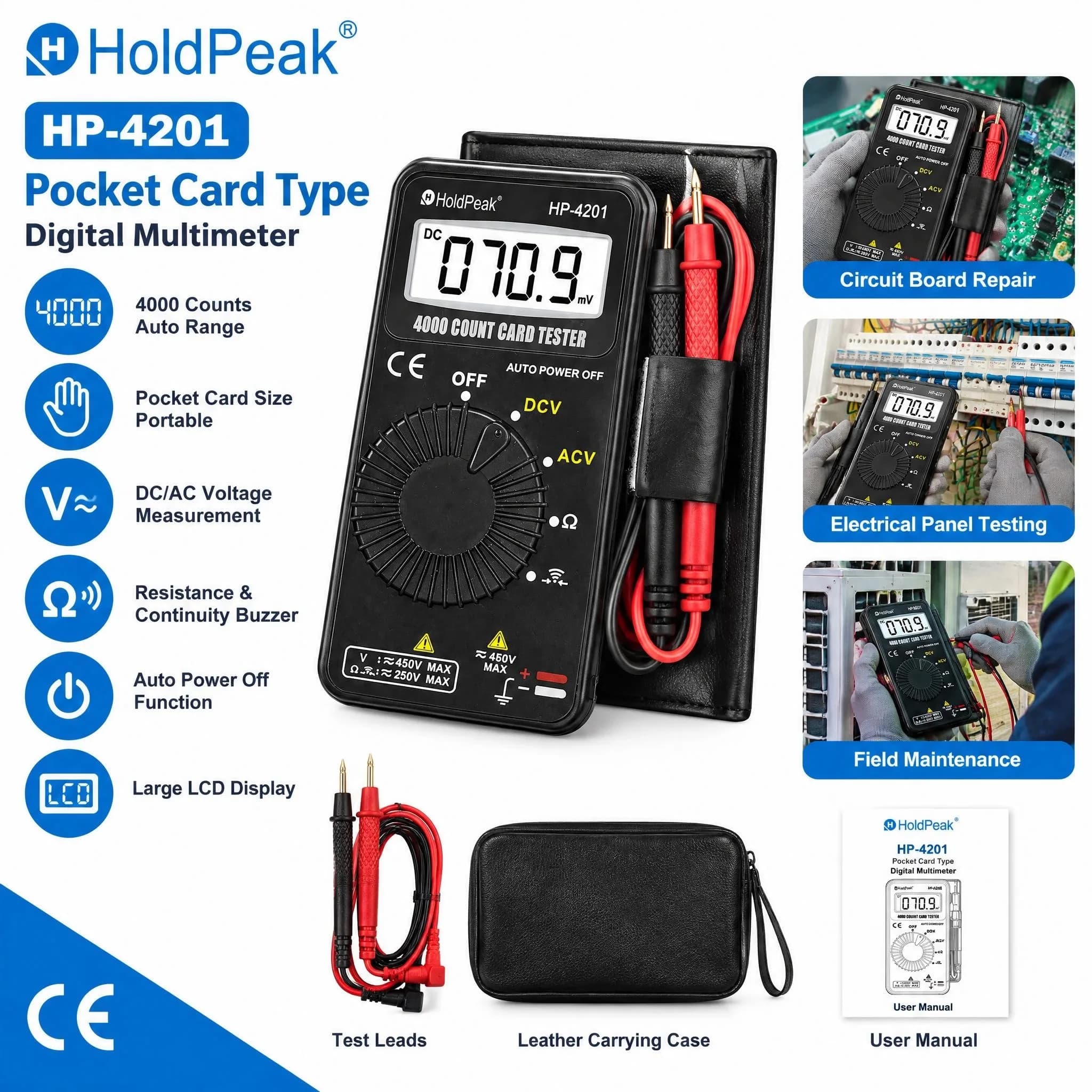 HoldPeak 4201 Pocket Multimeter 4000 Counts Auto Range AC/DC Voltage Resistance Continuity Tester for Home Car DIY