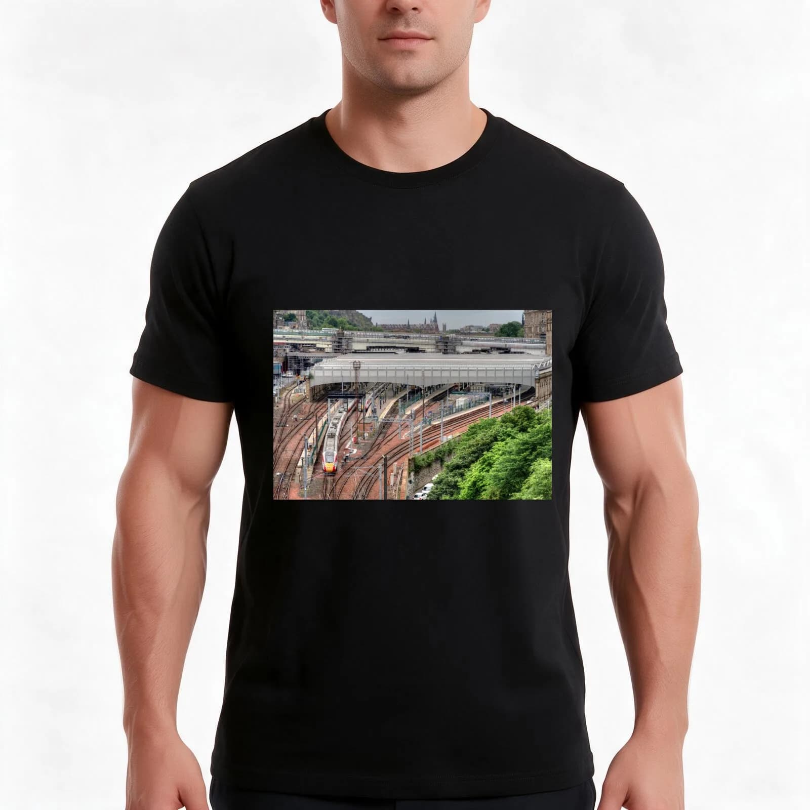 Edinburgh Waverley T-Shirt, Summer Casual Cotton Tee, Oversized Streetwear Tops, Vintage Graphic Print, Loose Fit Short Sleeve