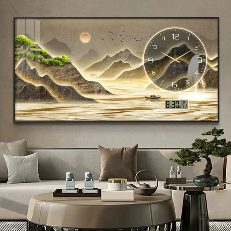 Home Decor Wall Clock Living Room Decor Landscape Painting Clock Perpetual Calendar Digital Display Timepiece Wall Decoration