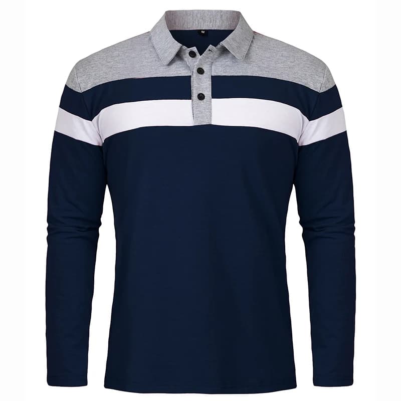 Classic Men's Long Sleeve Shirts Casual Stripe Print Polo Shirt Trendy Patchwork Collared Tops Autumn Winter Pullover Streetwear
