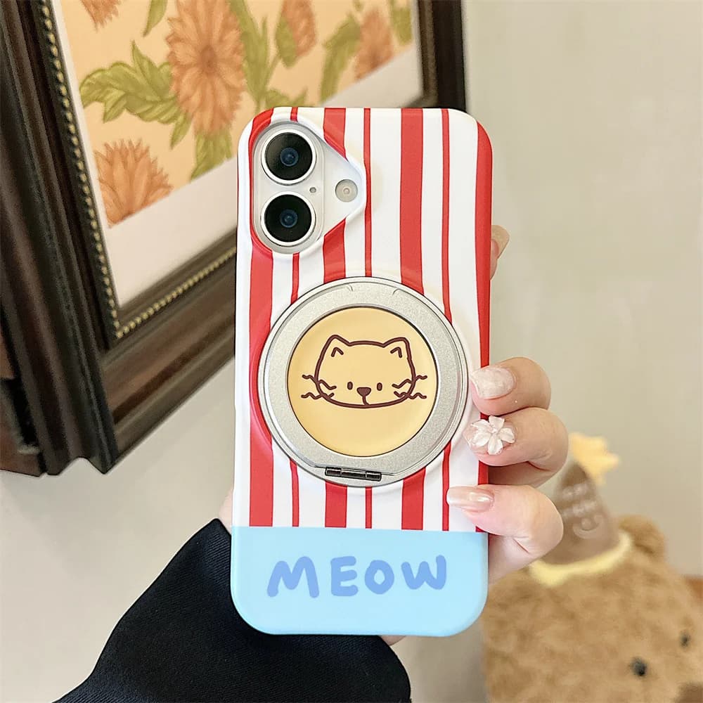 Kawaii Cartoon Cat Phone Case For iPhone 18 Pro Max 18 Pro 17 16 15 Rotatable Stand Soft TPU Shockproof Lens Protective Cover