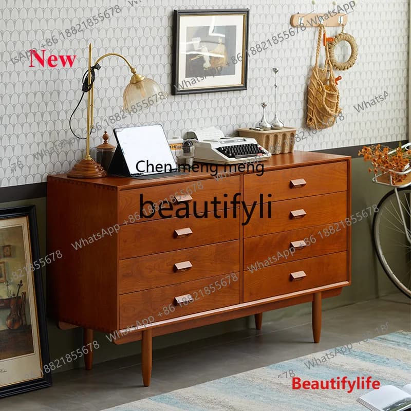 cn8350 ss Nordic Japanese Style Solid Wood Cherry Wood Bedroom Drawer Storage Chest Black Walnut Simple Storage Cabinet Oak
