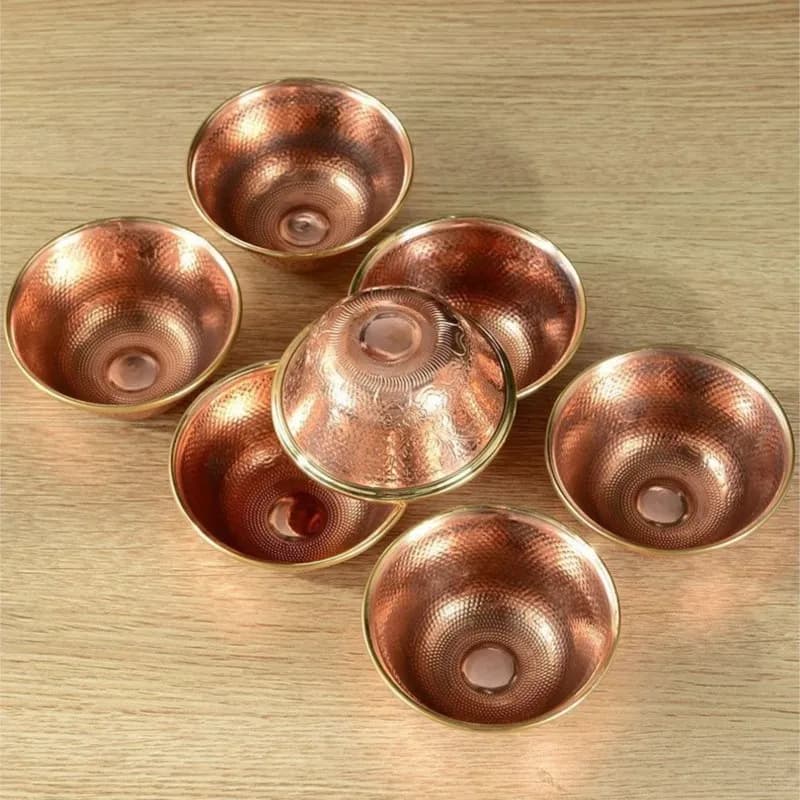 7pc Buddhism Altars Bowl,Engraving Sanger Flower Red Copper Bowl,Tibetan Golden Edge Holy Cup Buddhist Religious Item Decorative
