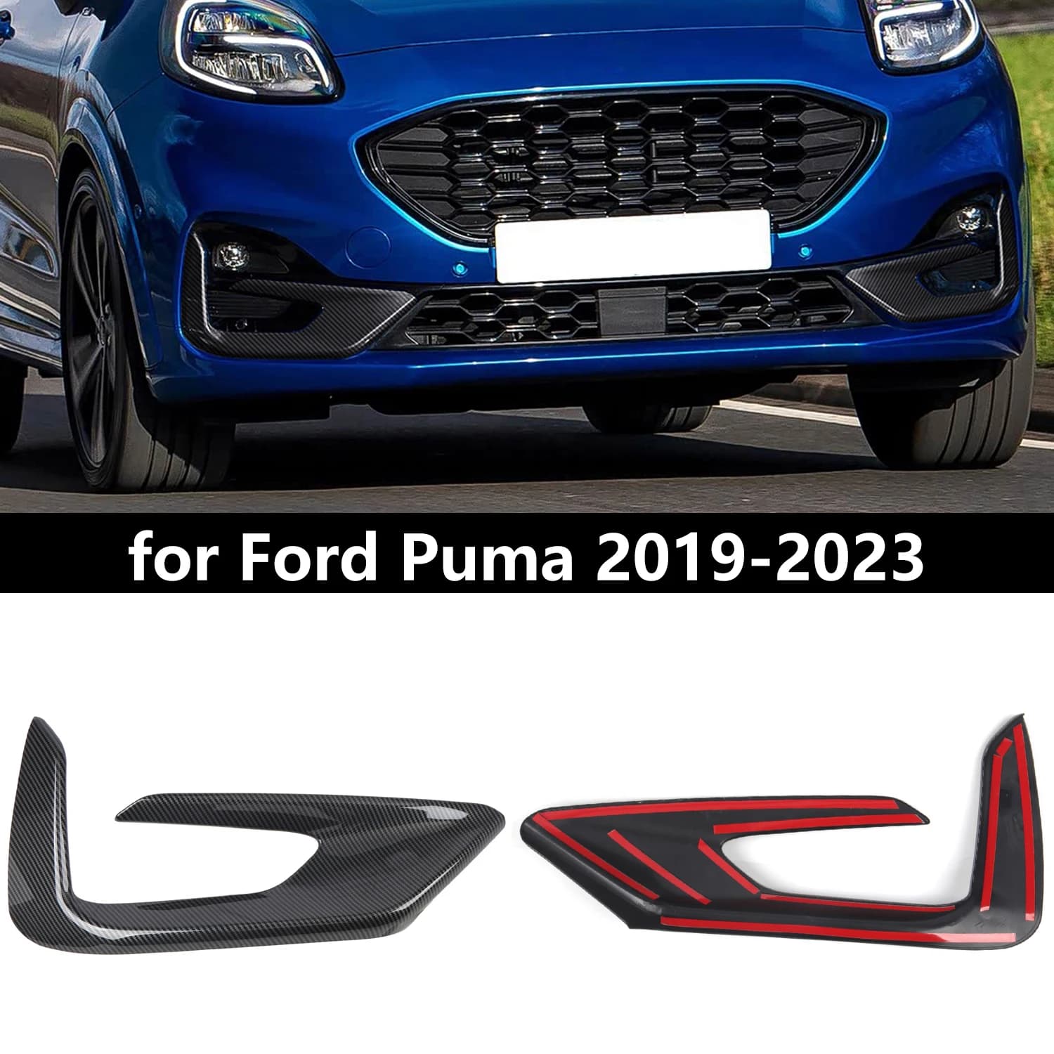 for Ford Puma 2019-2023 Front Outer Grill Fog Light Trims ABS Plastic Carbon Fiber Gloss Black Style Self-Adhesive Trim 2PCS