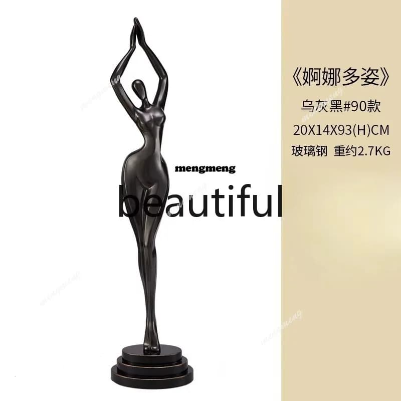 N   Figure sculpture ornaments, simple light luxury TV cabinets on both sides, slender and tall home accessories in the entrance