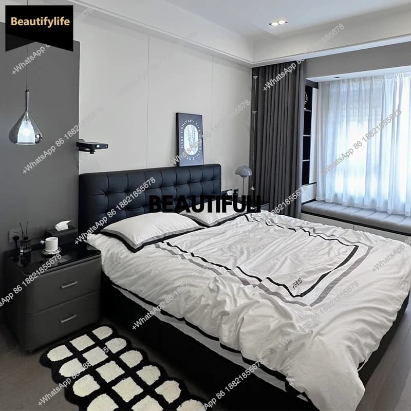 D80 Designer Black Double Bed Waterproof Full Size Wooden Platform Double Bed Headboards Luxury Letto Matrimoniale Bedroom Furni