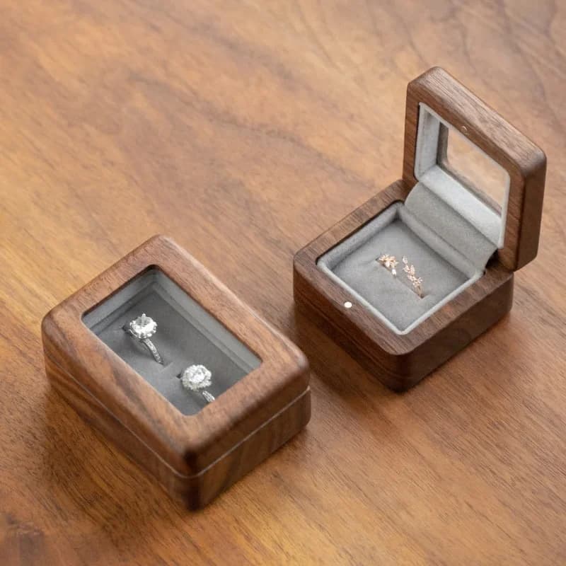 Mini Portable Walnut Wood Ring Box,Single/Double Slot Ring Case with Clear Window,Compact Jewelry Holder for Travel & Daily Use