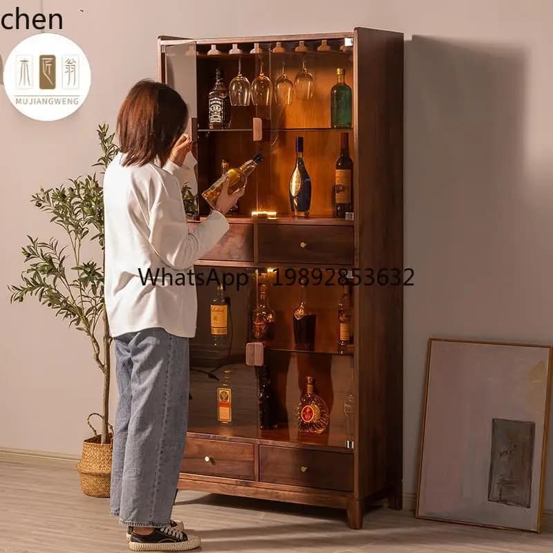 black walnut solid wood glass wine display storage living room against the wall TV side high and low bookcase