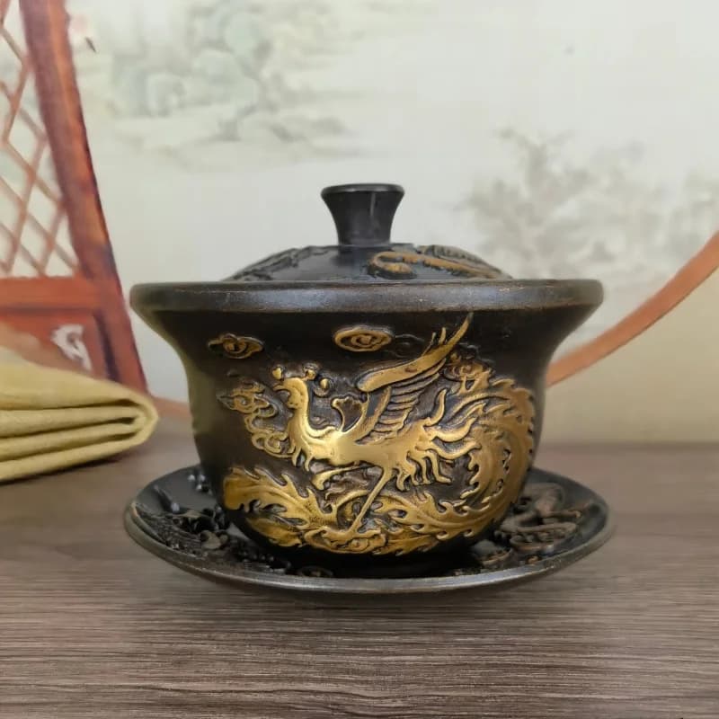 A set of gilded copper dragon and phoenix lidded bowls, antique home decor collectible gift decoration