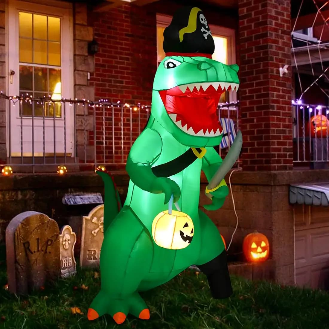 7 FT Halloween Dinosaur Inflatable, Green Pirate Dino Halloween Inflatable Dino Blow up Halloween Decorations with LED Lights
