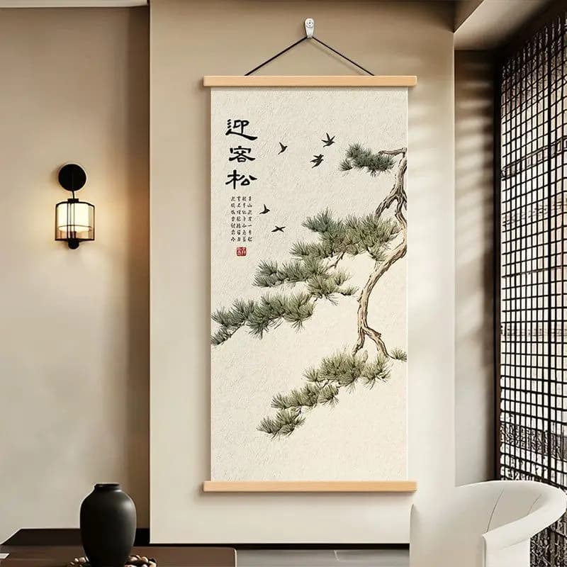 Welcoming Pine Tree Chinoiserie Landscape Scroll for Entryway