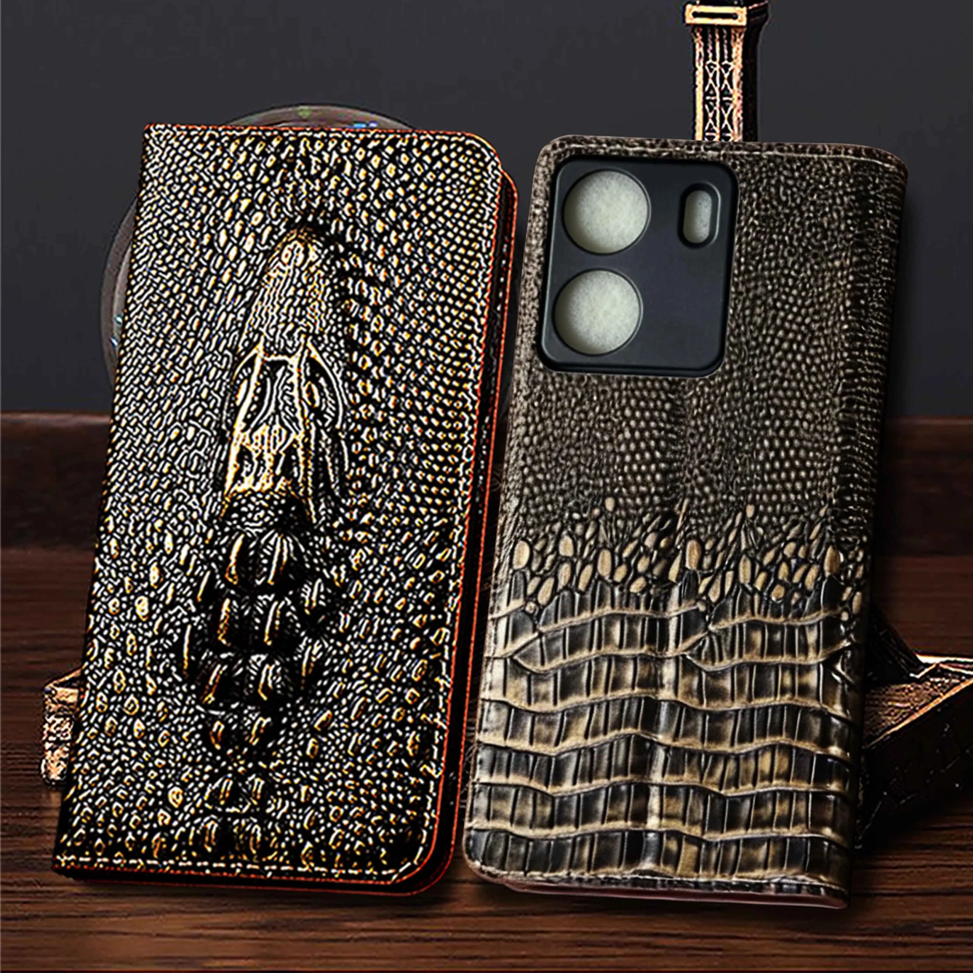 Genuine Leather Flip Phone Case For Redmi Turbo 3 4 10C 10A 12 12C 13 13C 13R 14C 14R 15 4G 5G Vintage Crocodile Head Pattern