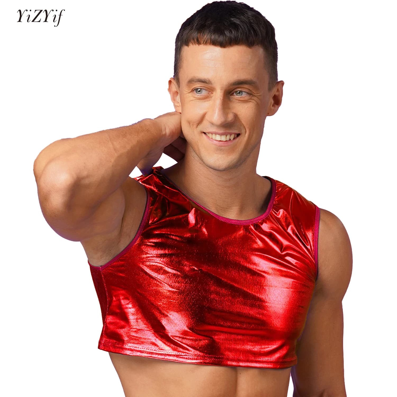 Mens Shiny Metallic Tank Top Male Crop Top Fitness Costumes Sleeveless Tight Vest Top Club Dancing Shows Carnivals Party Clothes