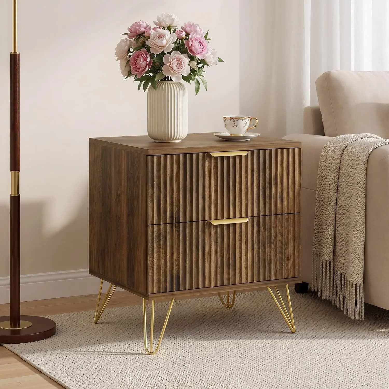 Modern Fluted Nightstand Set of 2 with 2 Drawers and Gold Legs, OAK, 21.7" H Bedside Table, Walnut Night Stands, Wood End Table
