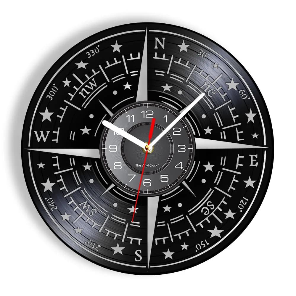 Compass Rose Wall Decor Modern Design Wall Clock Nautical Vinyl Record Wall Clock Navigation Direction Mariners Sailors Gift