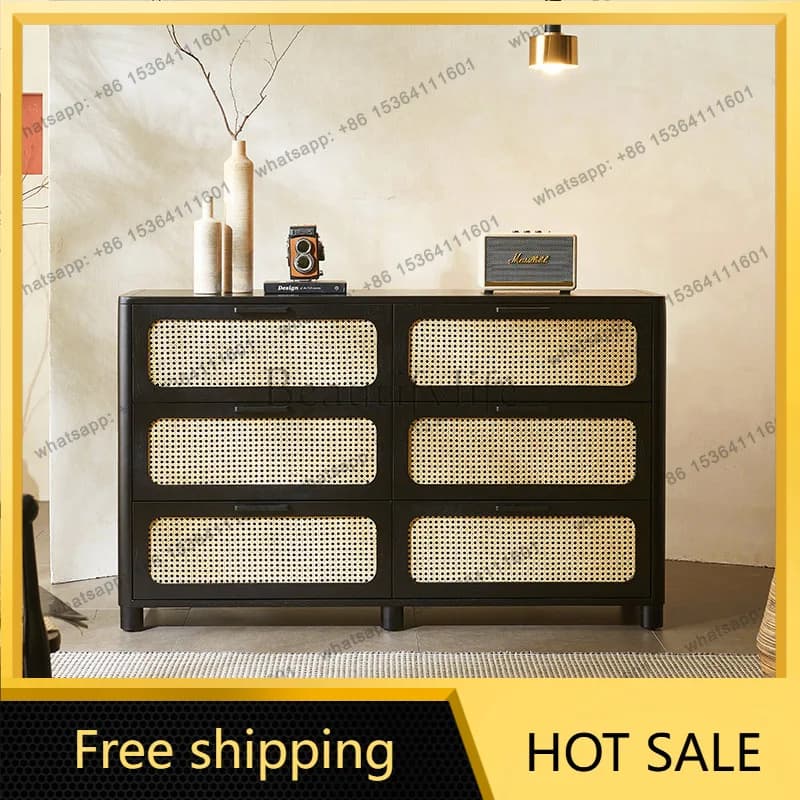 FG French solid wood retro rattan storage cabinet wabi sandy wind porch drawer storage cabinet