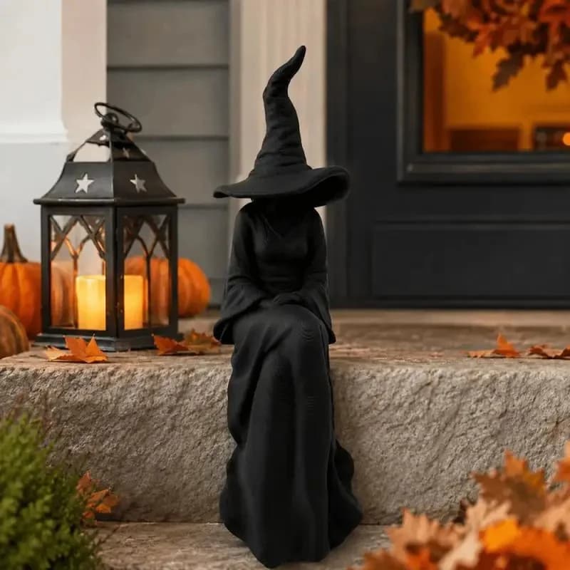 Halloween Faceless Witch Figurine -Suitable for Room Decor Black Sitting Witch Wall Hanging with  Retro Statue Decoration