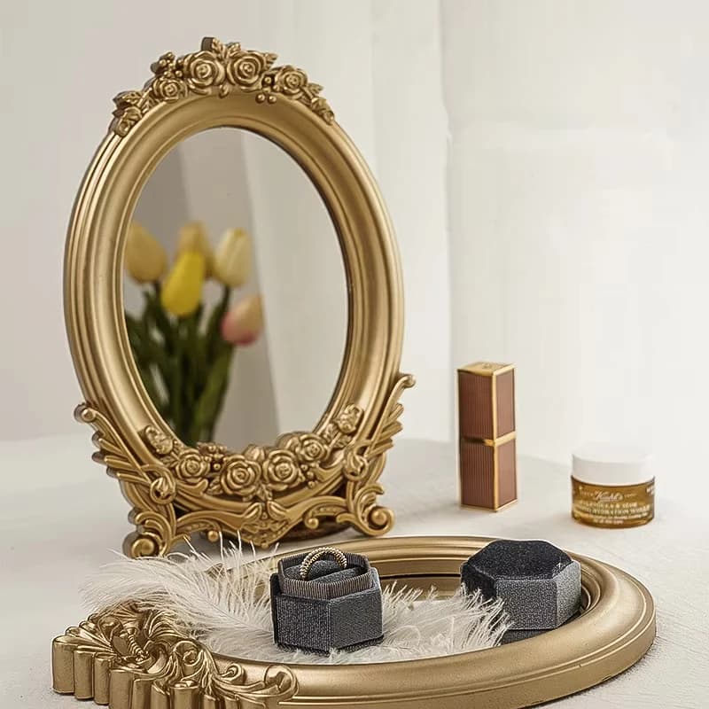 Cutelife Ins Nordic Gold Resin Small Round Table Mirror Tray Vintage Standing Home Decorative Mirror Bedroom Table Makeup Mirror