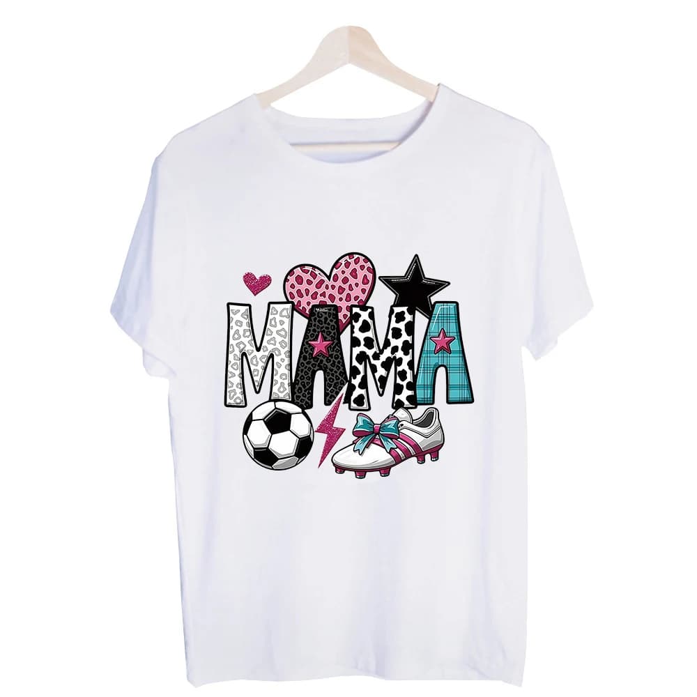 Women's Mama Letter Print Graphic Tee, Soccer and Heart Design Short Sleeve T-Shirt for Casual Daily Wear