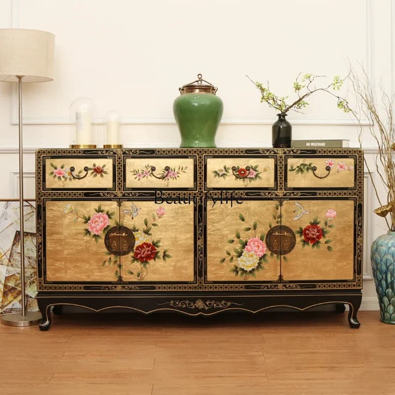 LXDining side cabinet Painted cabinet Living room against the wall entrance Solid wood new Chinese lockerSSS