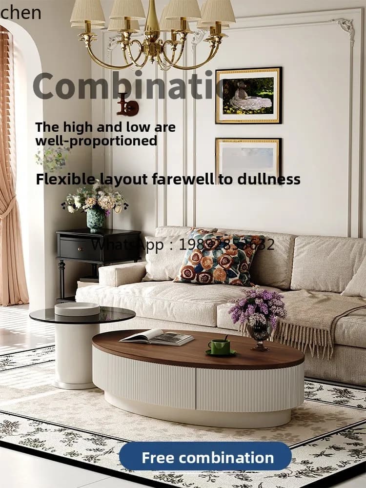 small apartment modern simple home living room high-end solid wood oval Internet celebrity combination coffee table