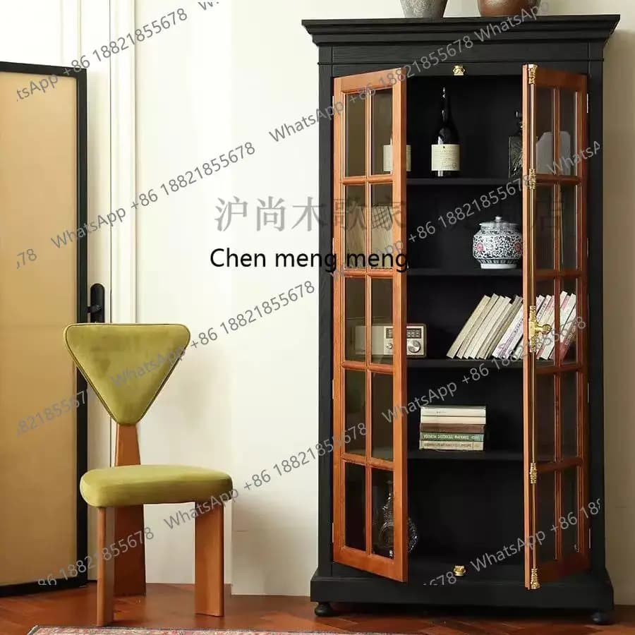 Nanyang Style Retro Solid Wood Wine Cabinet French Mid-Century Style Double Door Glass Sideboard Display Storage Cabinet