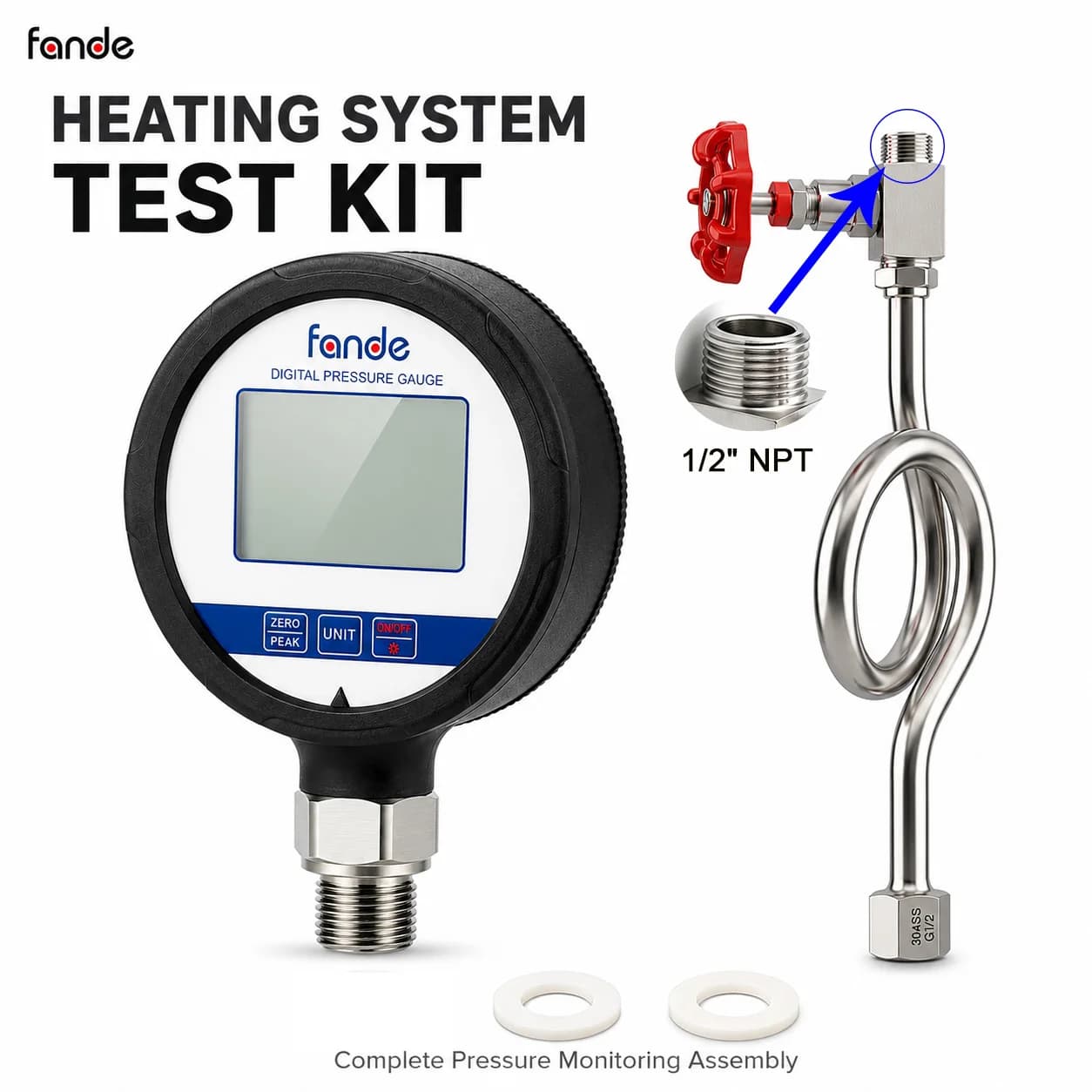 Boiler Pressure Test Kit NPT1/2 Digital Manometer Range 1.6MPa/25MPa 304SS Valve Siphon Tube PTFE Gasket for HVAC Heating