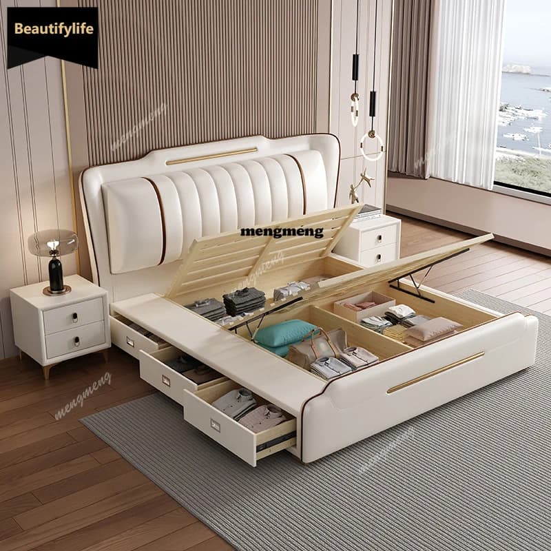 Backrest Sale Luxury Double Bed Drawers Modern Adults Storage Frames Double Bed Twin Queen Letto Matrimoniale Home Furniture D80