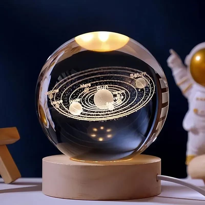 3D Crystal Ball Christmas Decoration Wooden Base Laser Engraved Solar System Globe Galaxy Birthday Gift Home Desktop Decoration