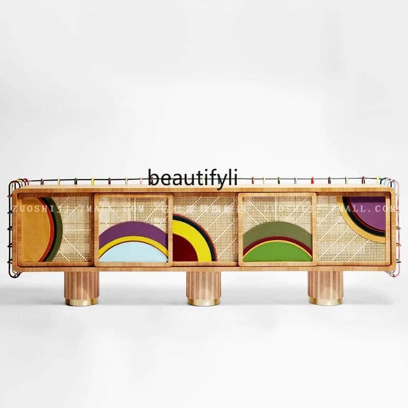 TV Cabinet 60cm High Floor-standing Modern Light Luxury TV Cabinet Vintage Solid Wood Audiovisual Cabinet Rattan Living Room