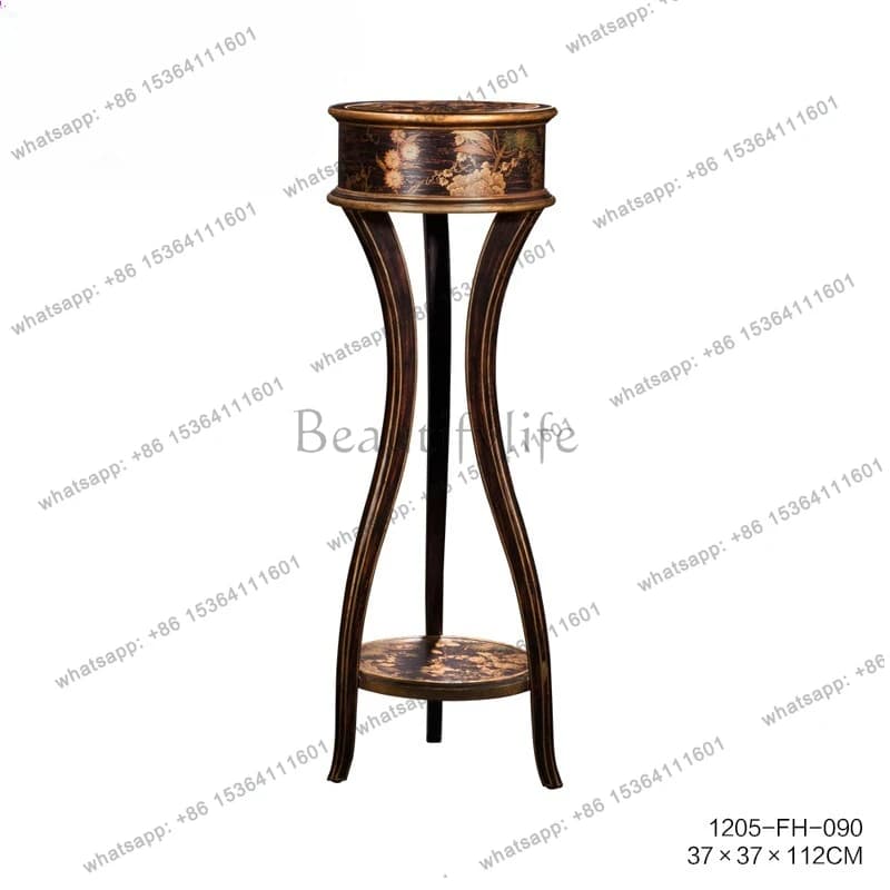 French Chinese style retro solid wood flower few traces silver foil painted black tall flower stand