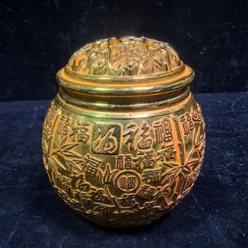 Antique-Style Tea Canister Pure Copper Gold-Plated Office Ornament Hundred Blessings Bamboo Section Hundred Blessings Harvest Te