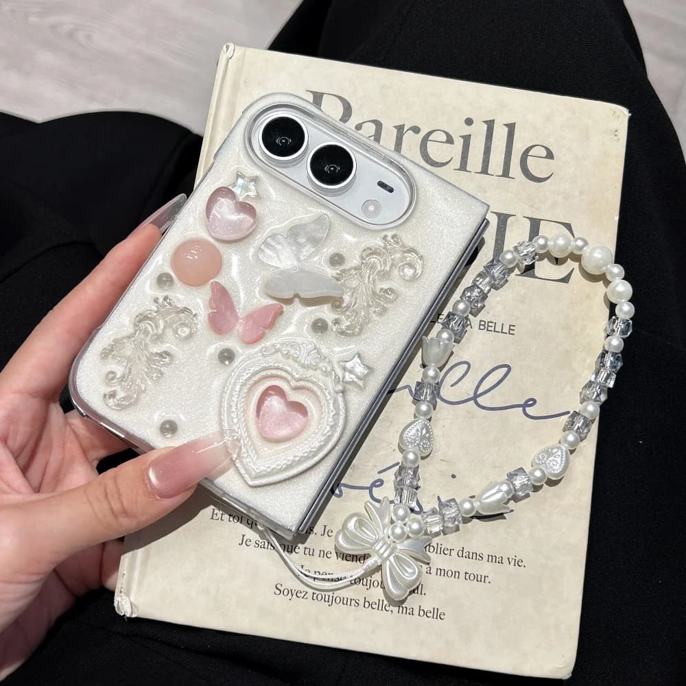 3D Retro Butterfly Flower Phone Case for iPhone DUO Foldable Glitter Clear Cover with Pearl Beaded Wrist Strap Shockproof Shell