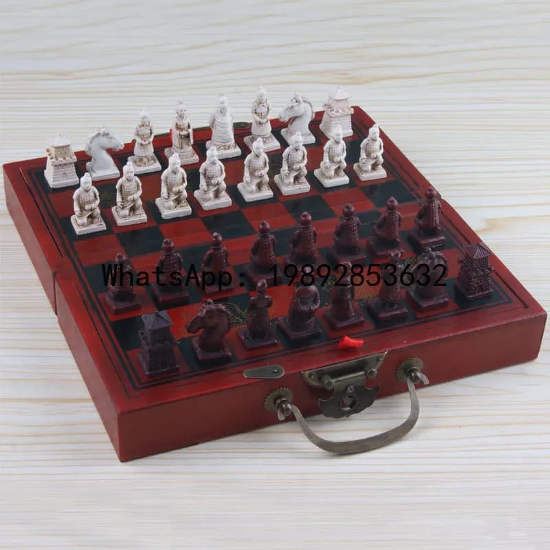 Qz antique chess set - small size, xi'an terracotta army chess pieces, wooden folding chessboard, 3d chess pieces,